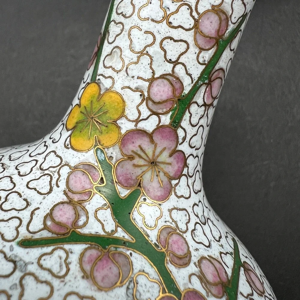 Vintage Cloisonne Vases Cherry Blossom White Pink Yellow Wood Stands Pair 4